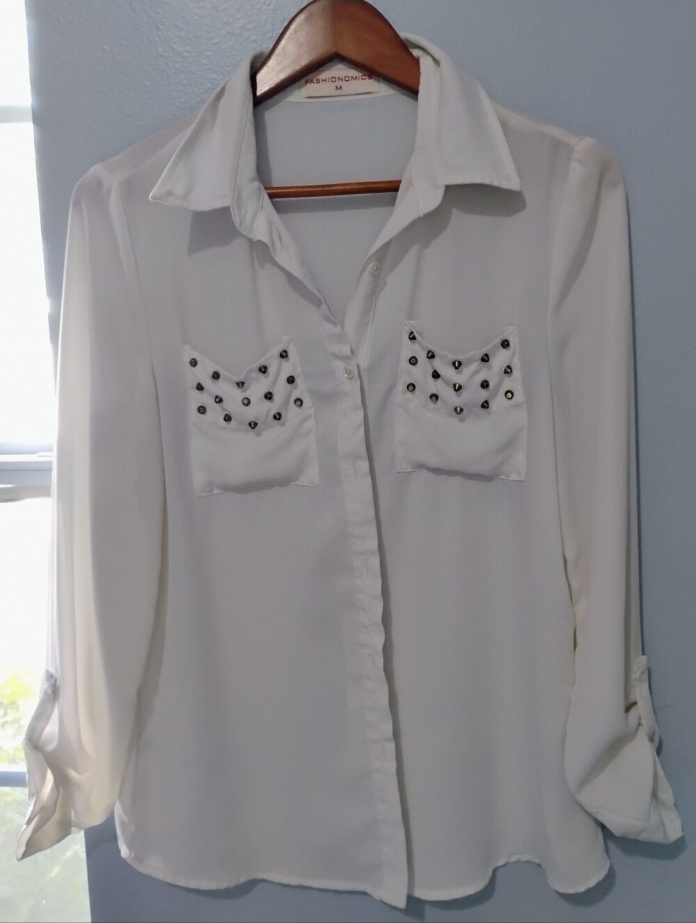 Fashionomics White Studded Pocket Button-Down Shirt